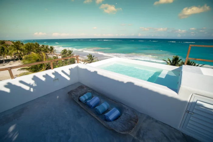 Rooftop pool overlooking the ocean at Chiringuito Tulum