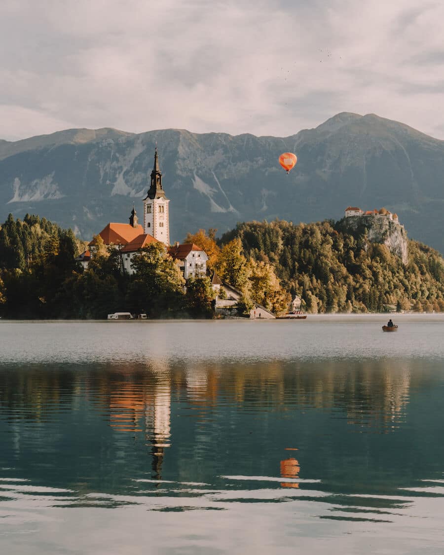 Hot air balloon in Lake Bled, Slovenia