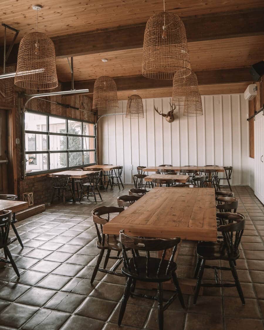 Dining space at the Cuyama Buckhorn with taxidermy on the walls