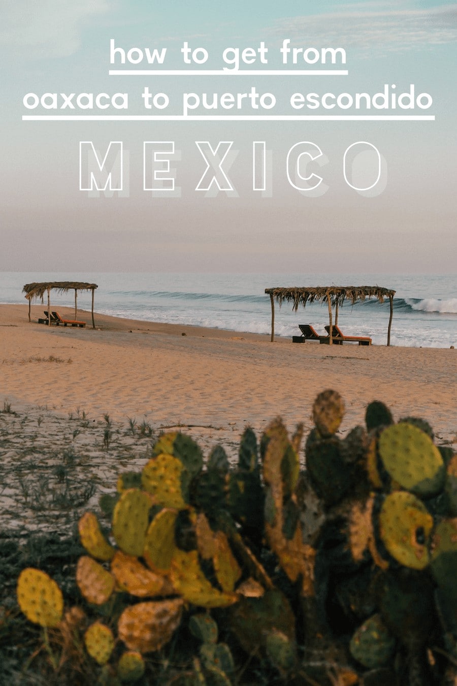 Beach in Puerto Escondido with two lounging huts and cactus in the foreground