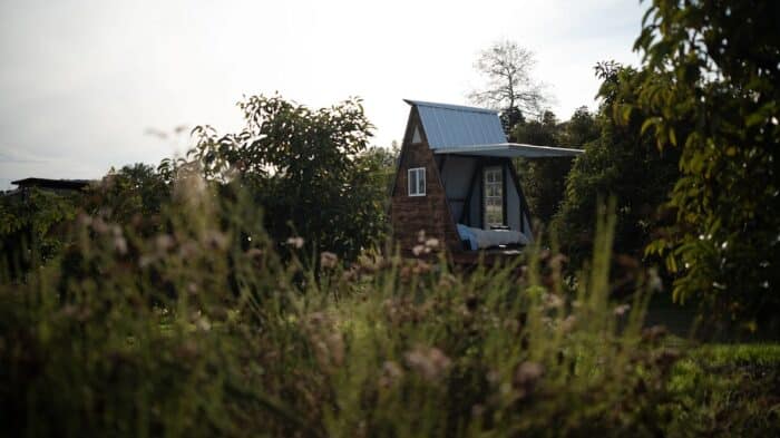 Open air cabin surrounded by meadow