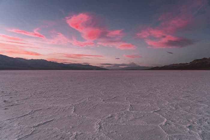 Pink sunset over Badwater Basin in Death Valley