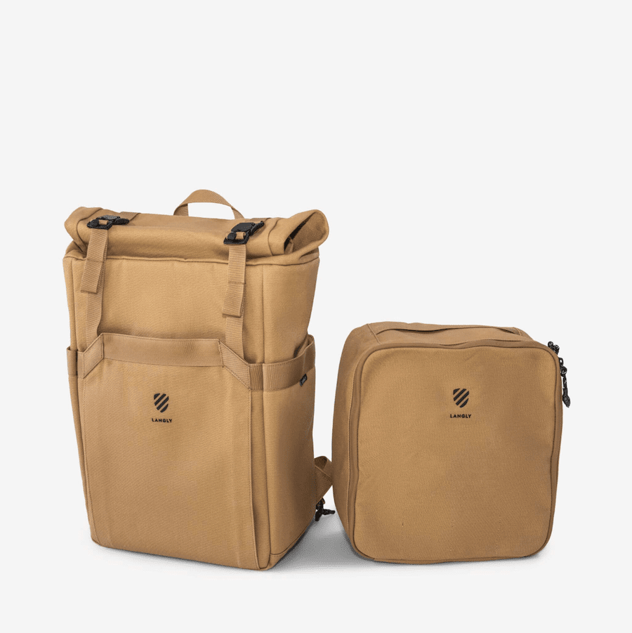 Langly tan colored rugged camera backpack