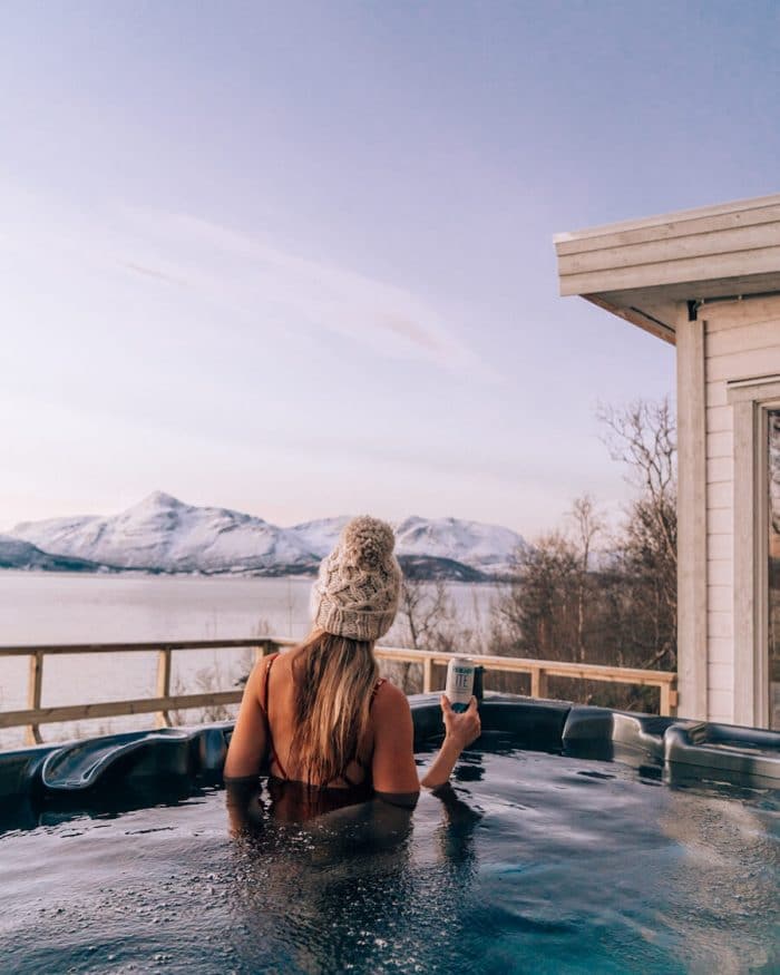 Michelle Halpern in hot tub in Norway