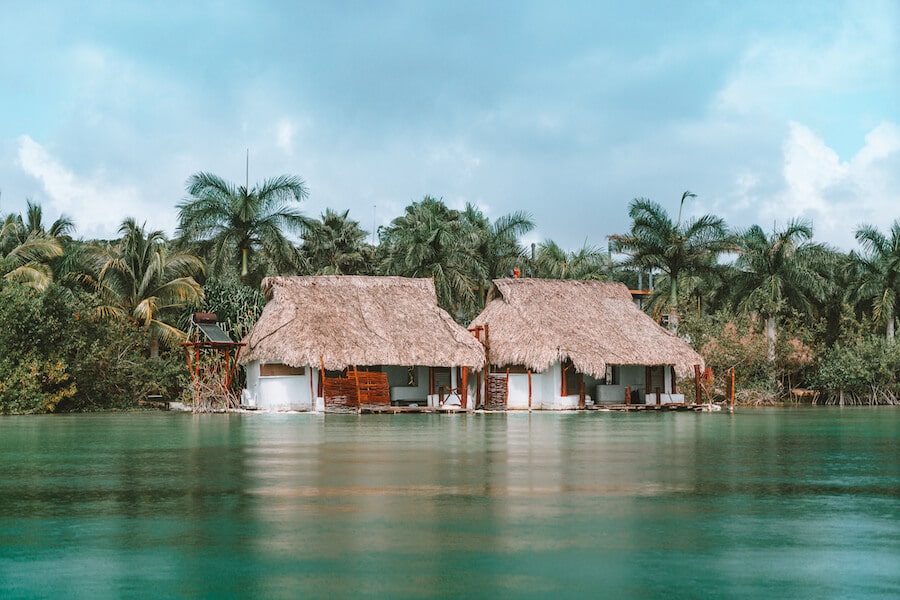 Overwater huts on the Bacalar Lagoon