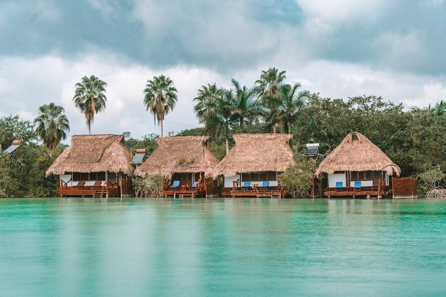 Overwater huts on the Bacalar Lagoon