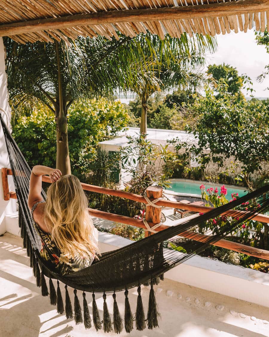 Balcony hammock at Hotel Aires at the Bacalar Lagoon