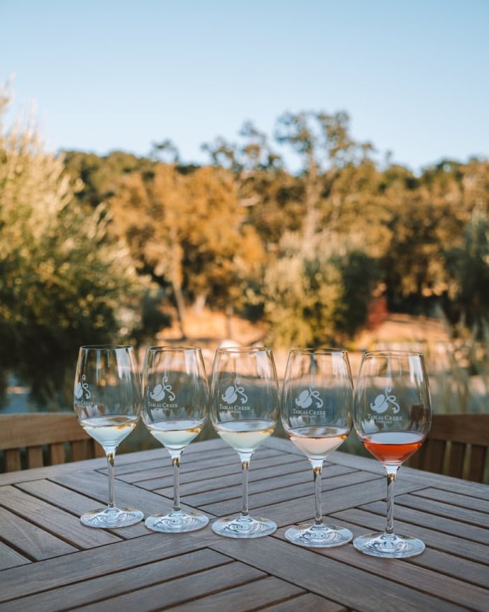Row of wine glasses lined up on a table with various wine varietals inside. 