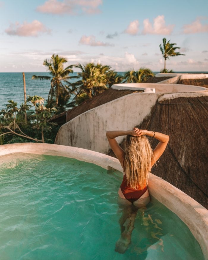 Michelle Halpern in rooftop pool at the Papaya Playa project hotel