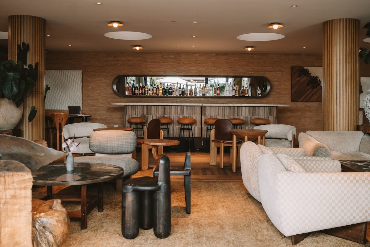 Bar interior in Earth tones at Santa Monica Proper hotel