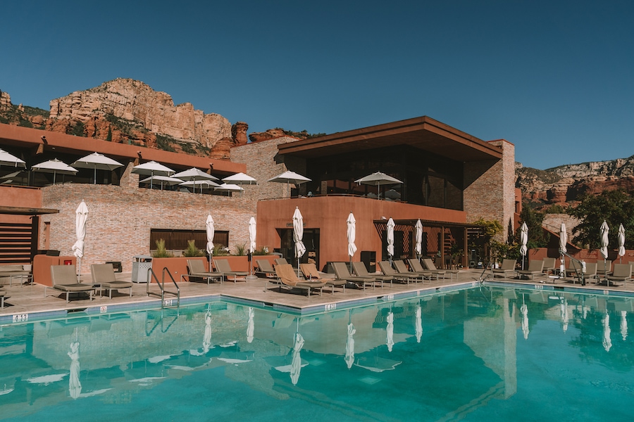 View of the pool and restaurants at Enchantment Resort, Sedona