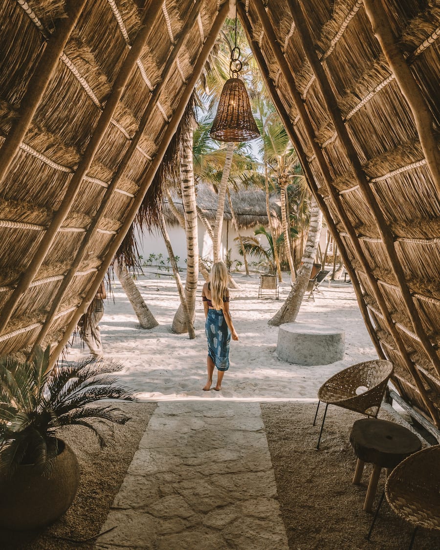 Michelle Halpern standing under A-frame posing for Mexico travel tips blog