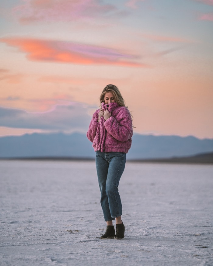 Michelle Halpern at Badwater Basin in Death Valley in winter