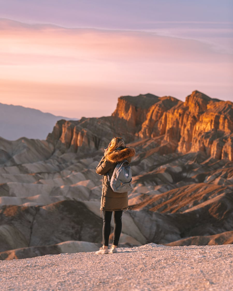 Michelle Halpern at Zabriskie Point in Death Valley in winter