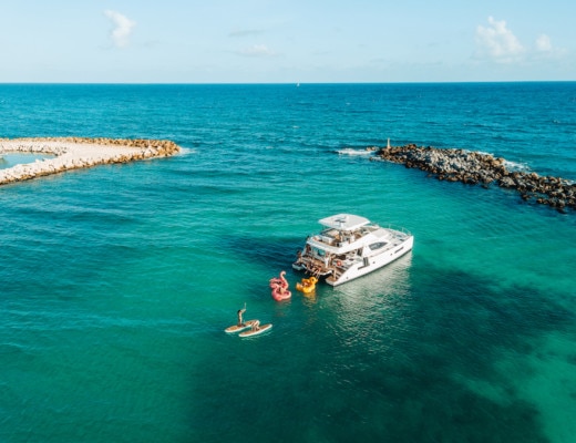 Aerial view of luxury yacht cruise in Tulum
