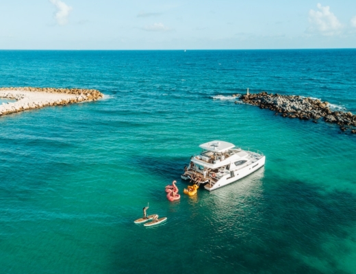 Aerial view of luxury yacht cruise in Tulum