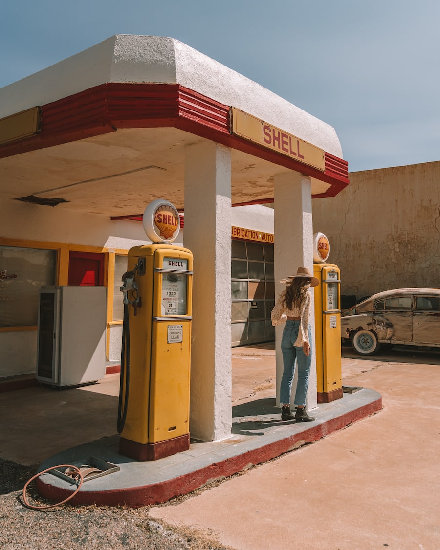 Michelle Halpern at gas station for Arizona road trip blog