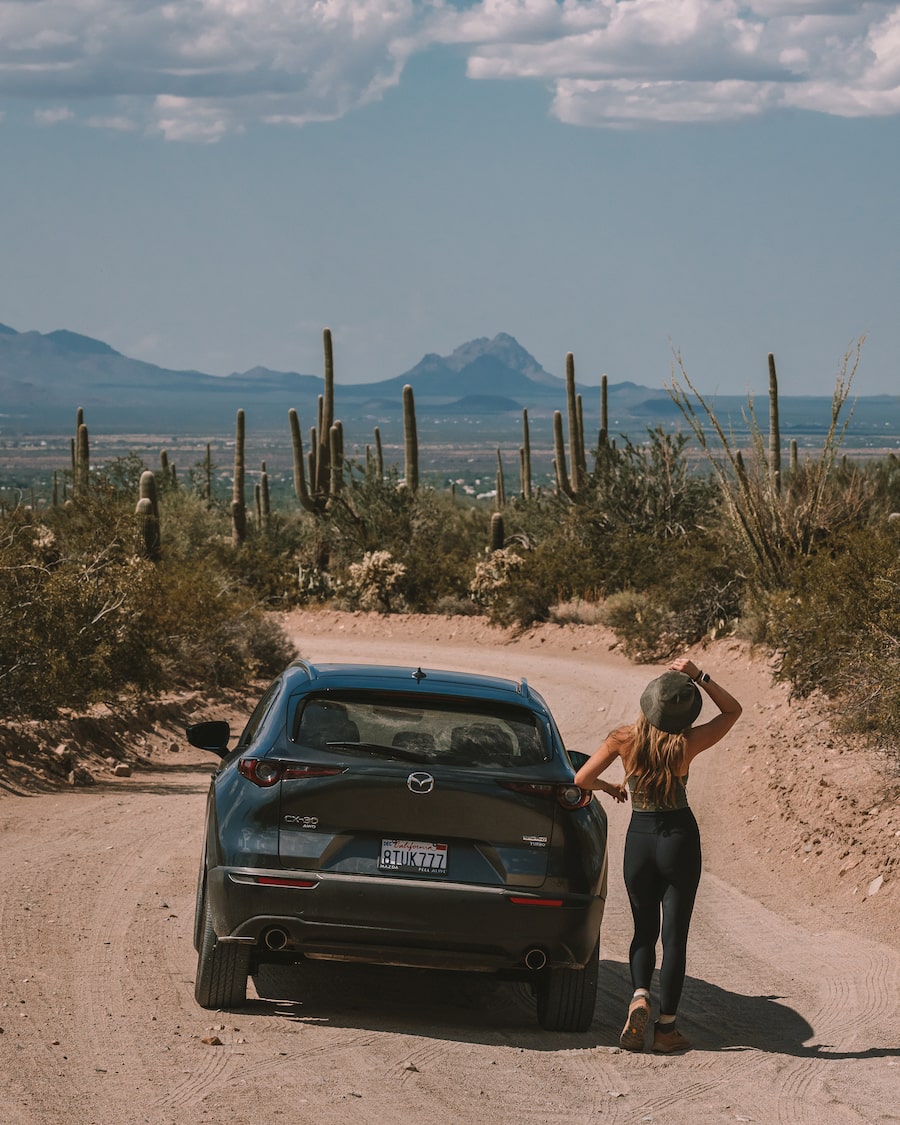 Michelle Halpern and car for Arizona road trip blog