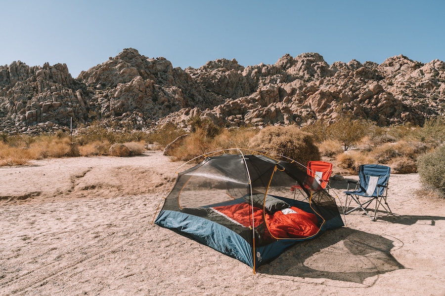 Camping tent set up in Joshua Tree