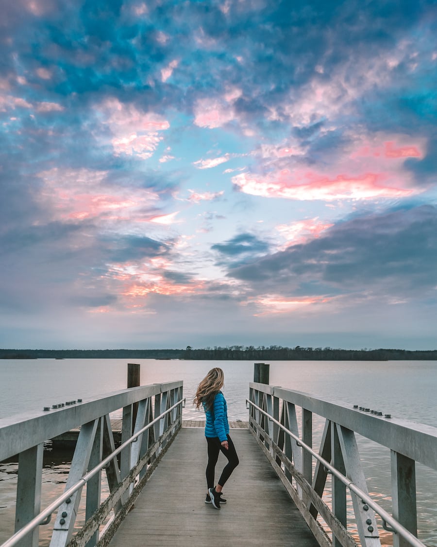 Michelle Halpern posing on Lake Conroe for weekend getaways from Houston blog