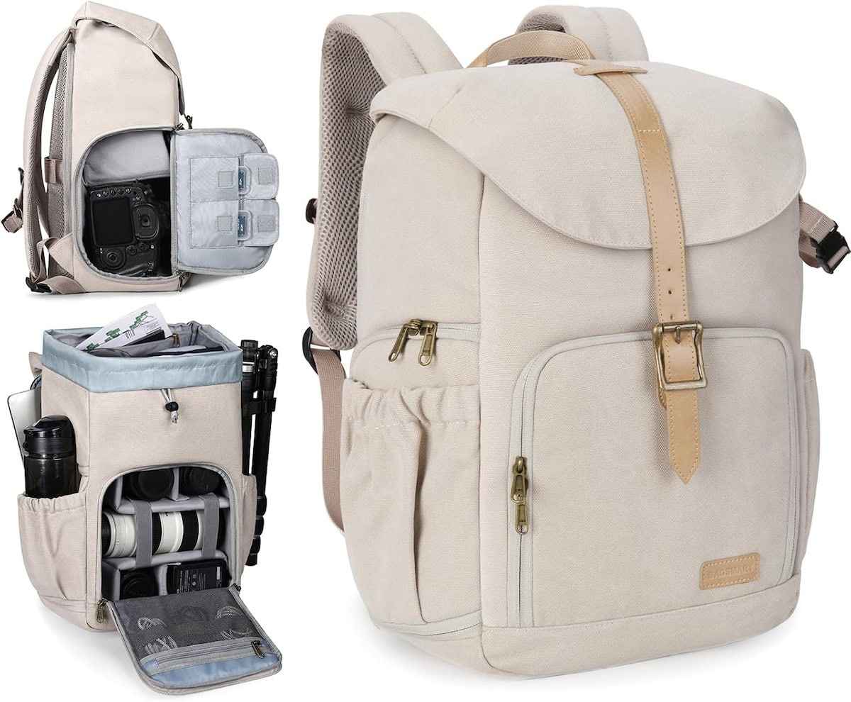 Bagsmart camera bag - 3 different views of front and interior 