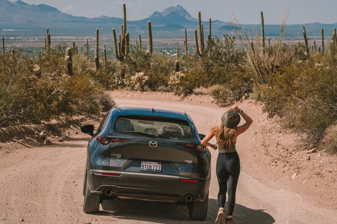 Michelle Halpern posing next to car in desert for Road Trip Essentials blog