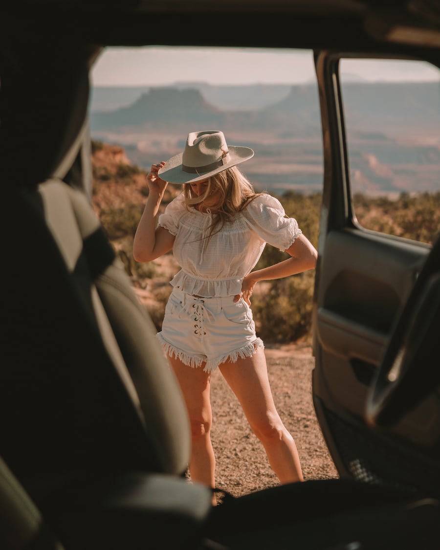 Michelle Halpern posing for road trip essentials blog