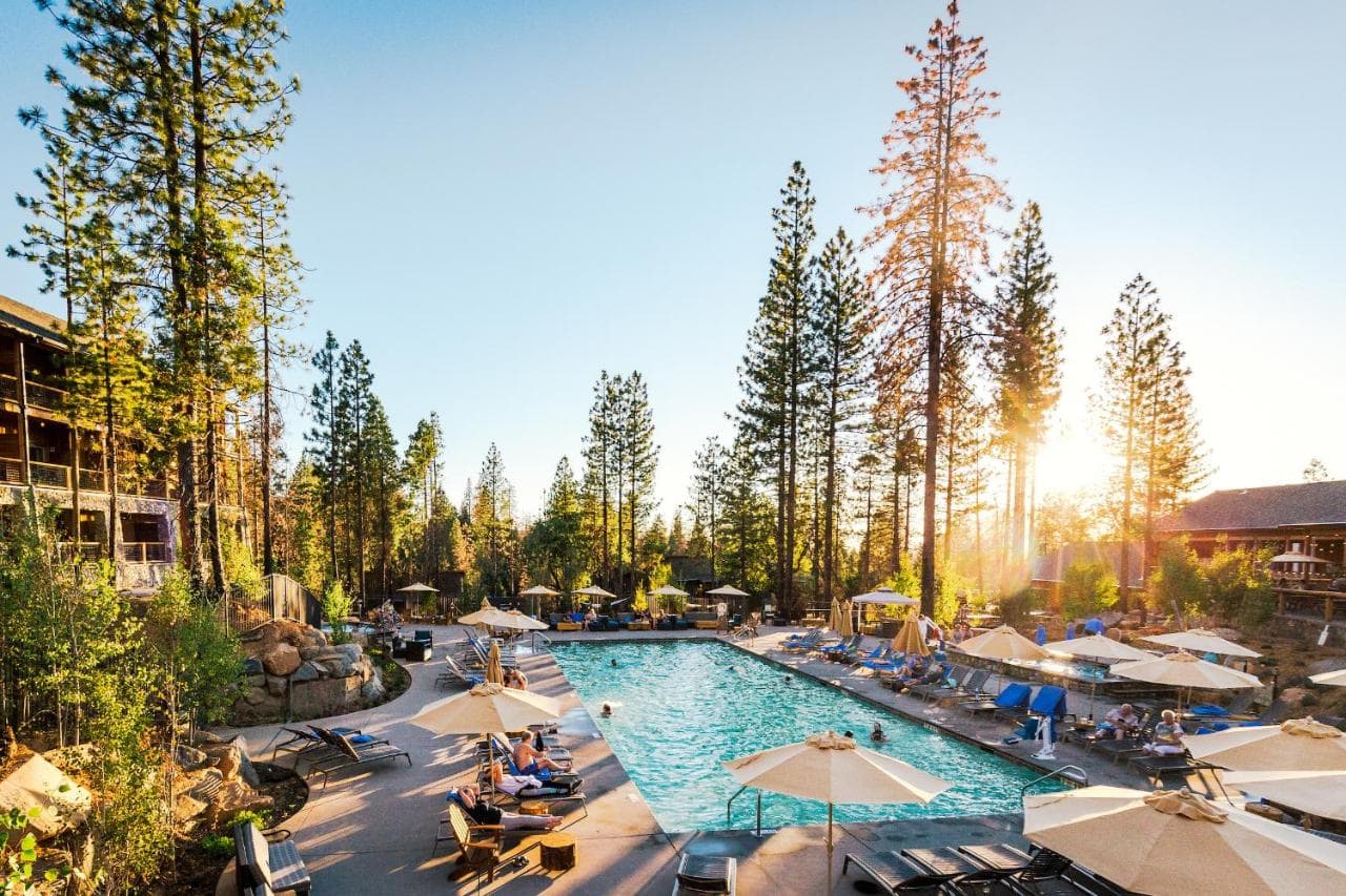 Pool at Rush Creek Lodge for where to stay in Yosemite blog