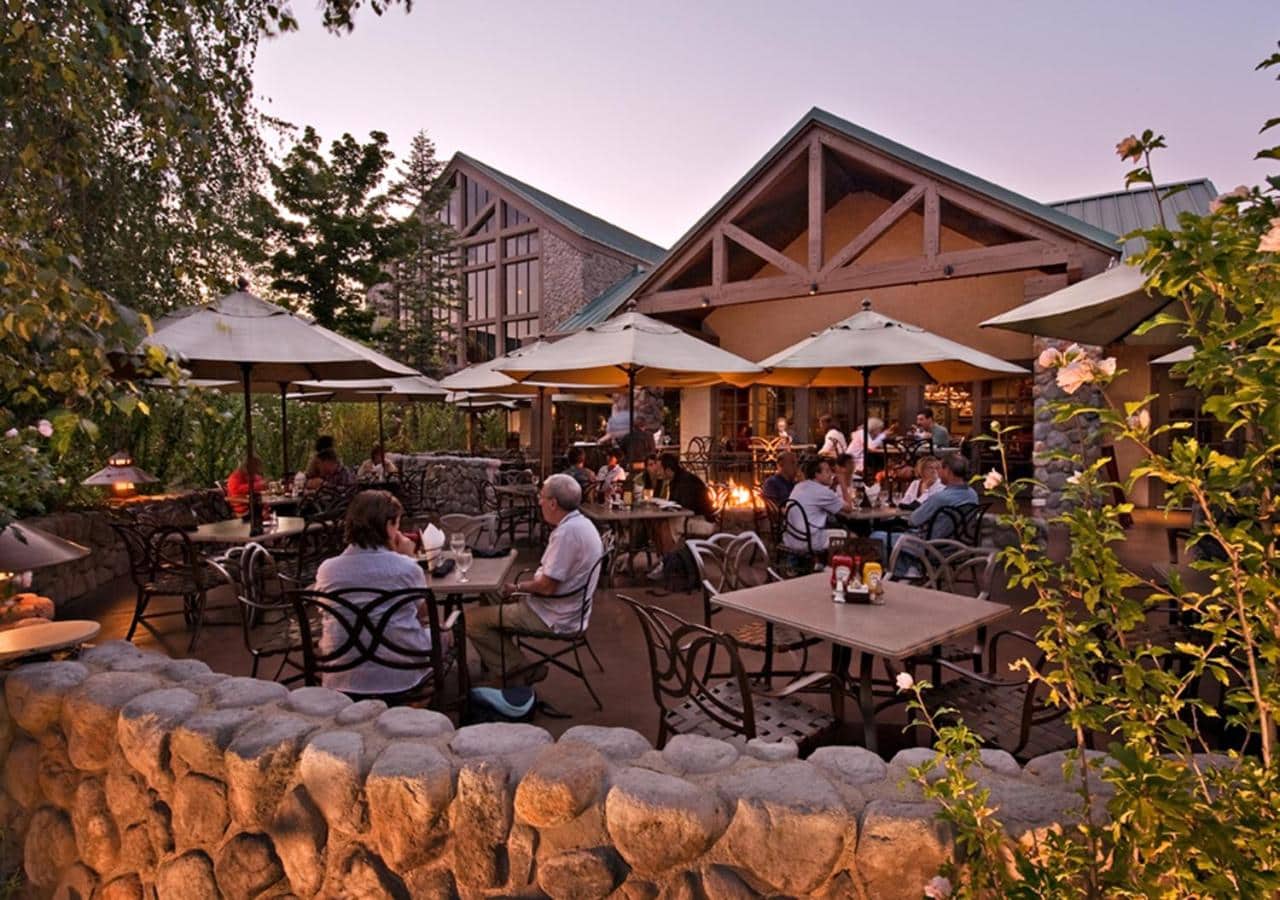 Outdoor dining area at Tenaya Lodge for where to stay in Yosemite blog