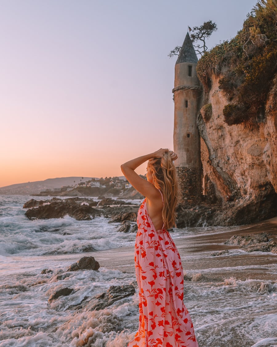 Michelle Halpern in front of the pirate tower in Laguna Beach