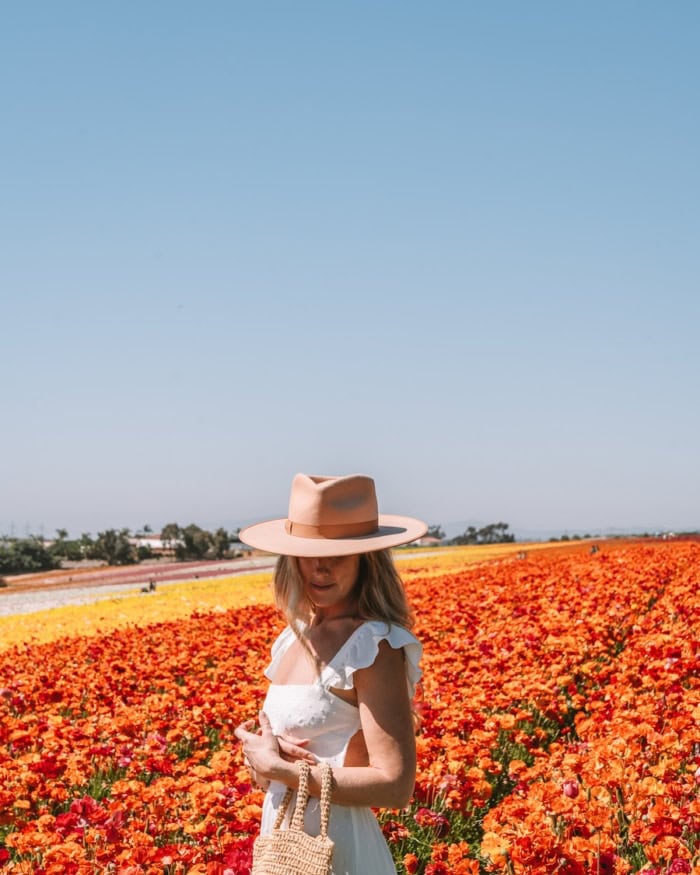 Michelle Halpern standing in The Flower Fields in Carlsbad wearing a white dress and brown hat