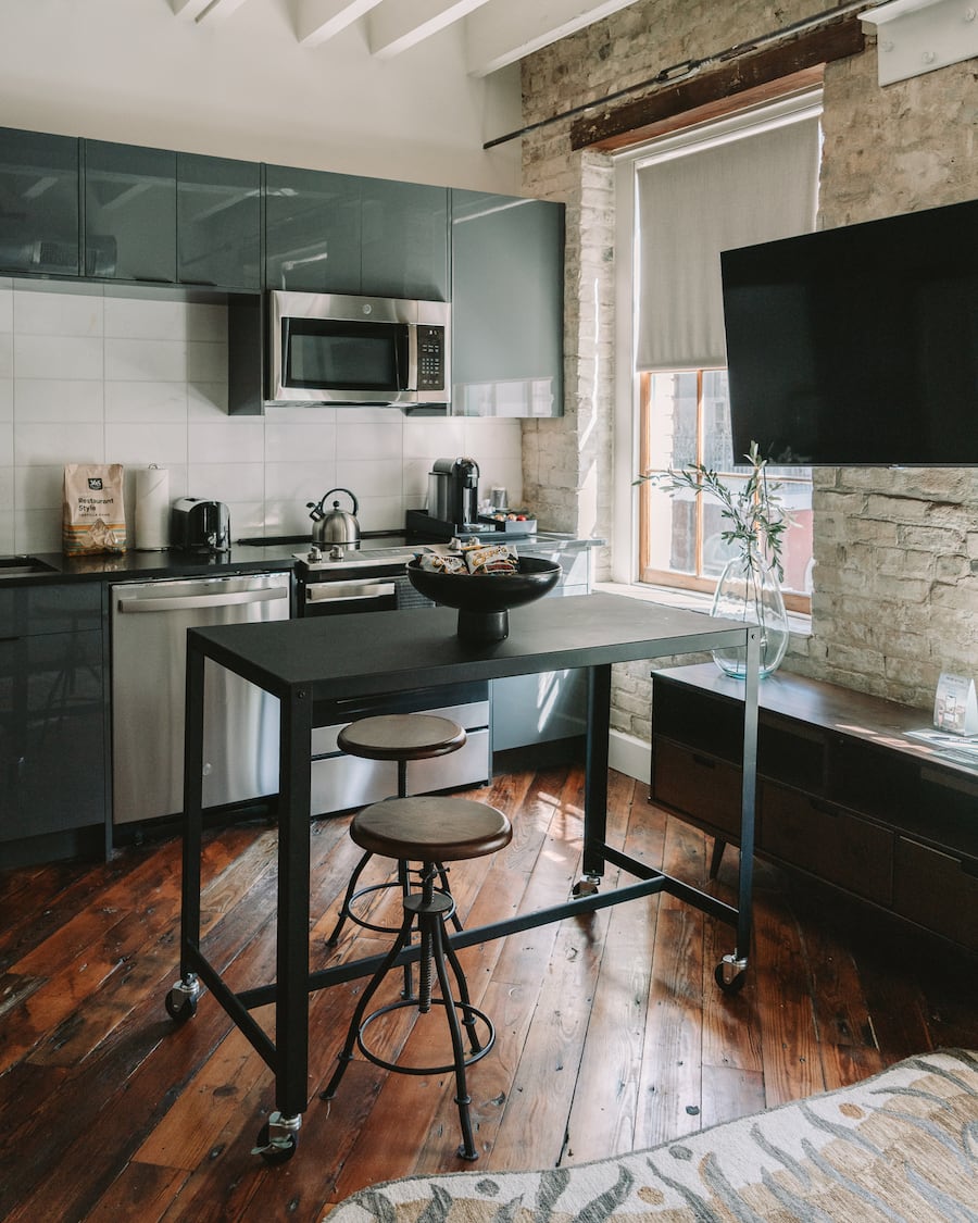 Interior of living space and kitchen in Mint House New Orleans