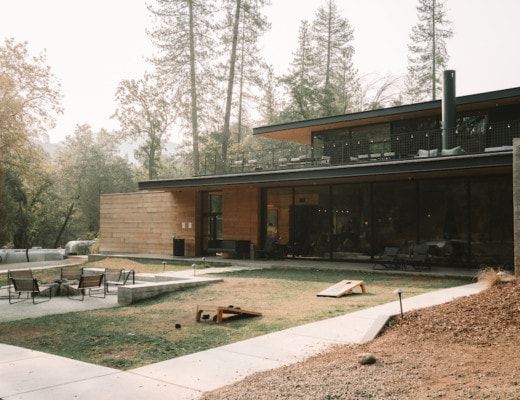 AutoCamp Yosemite common area with corn hole