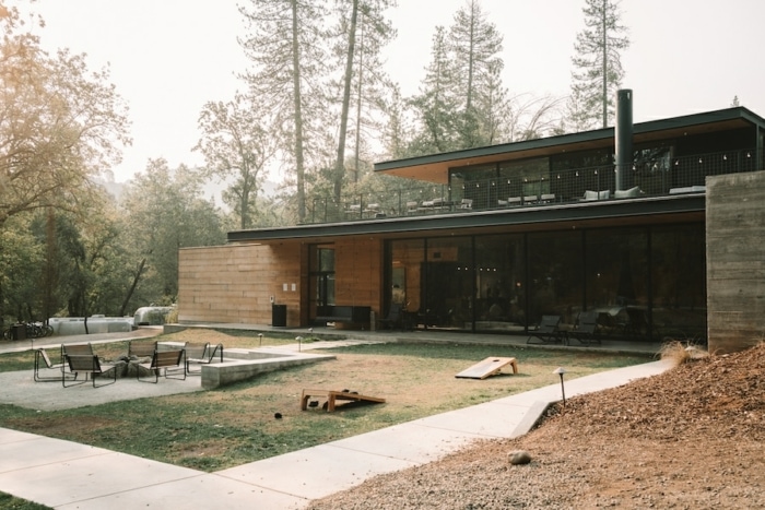 AutoCamp Yosemite common area with corn hole