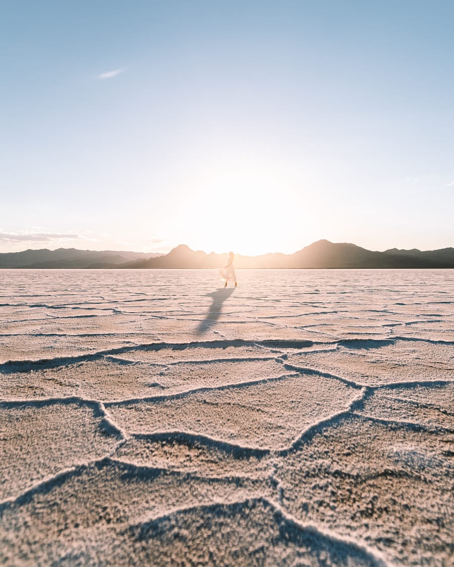 Michelle Halpern posing for Bonneville Salt Flats blog