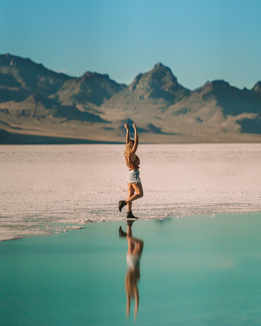 Michelle Halpern posing for Bonneville Salt Flats blog