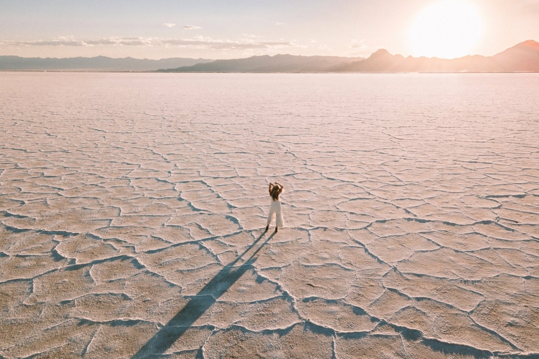 Michelle Halpern posing for Bonneville Salt Flats blog