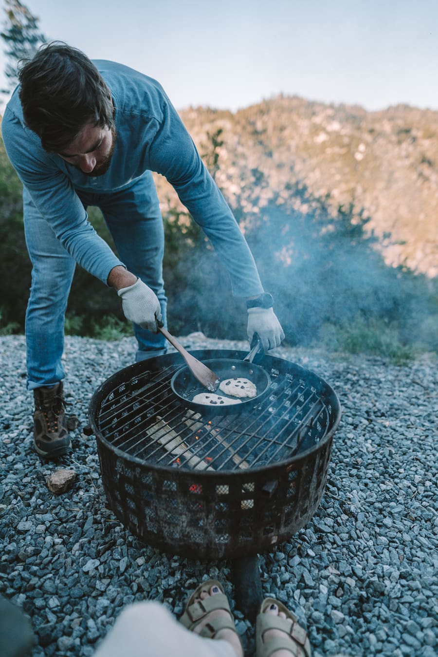 Cooking pancakes over the fire pit at Getaway House