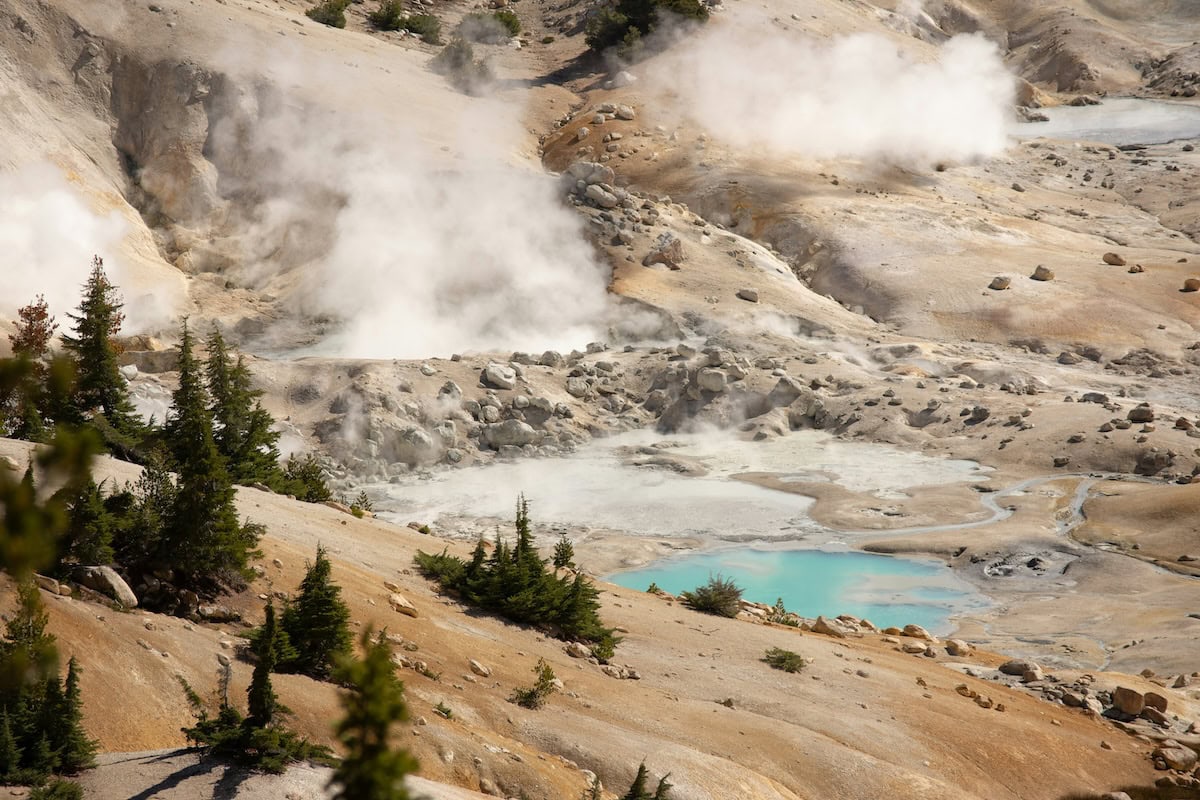 Steam rising up from the rocks along the geothermal landscape in Lassen Volcanic National Park.