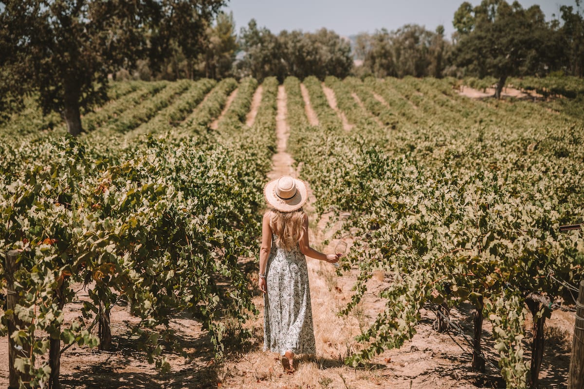 Michelle Halpern walking through vineyard for California in fall blog