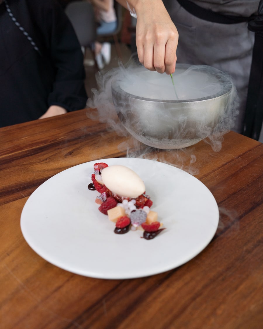 Dessert dish with smoking dry ice at La Postreria in Guadalajara