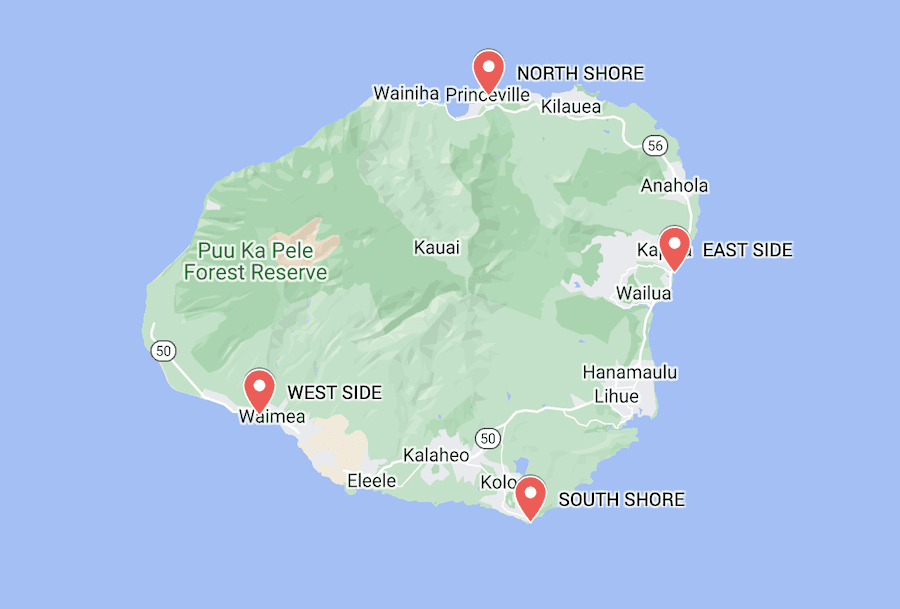 Map of the different sections of Kauai to stay on