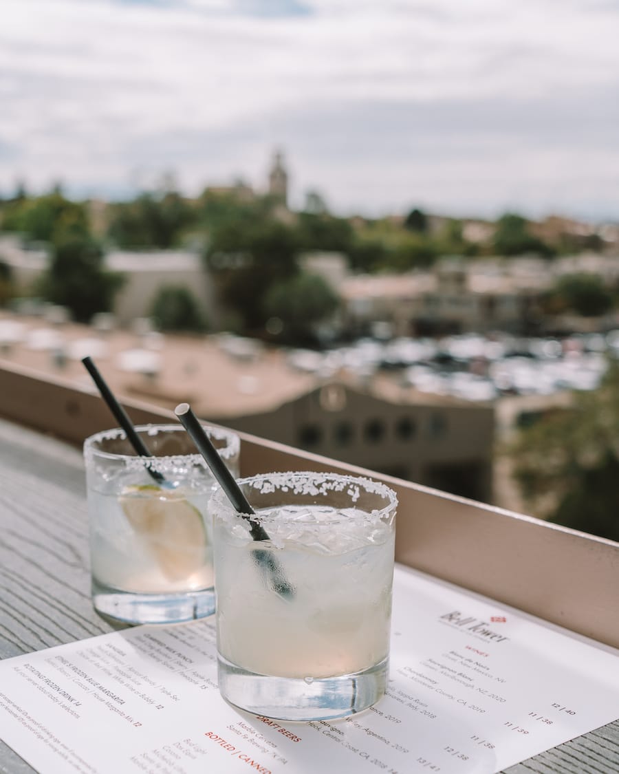 Margaritas at the rooftop at La Fonda