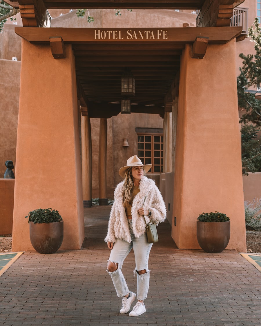Michelle Halpern in front of the Hotel Santa Fe