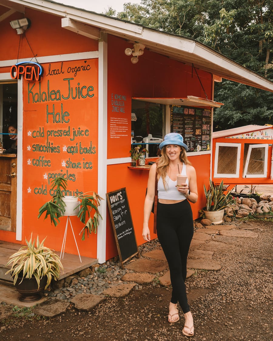 Michelle Halpern in front of juice stand in Kauai