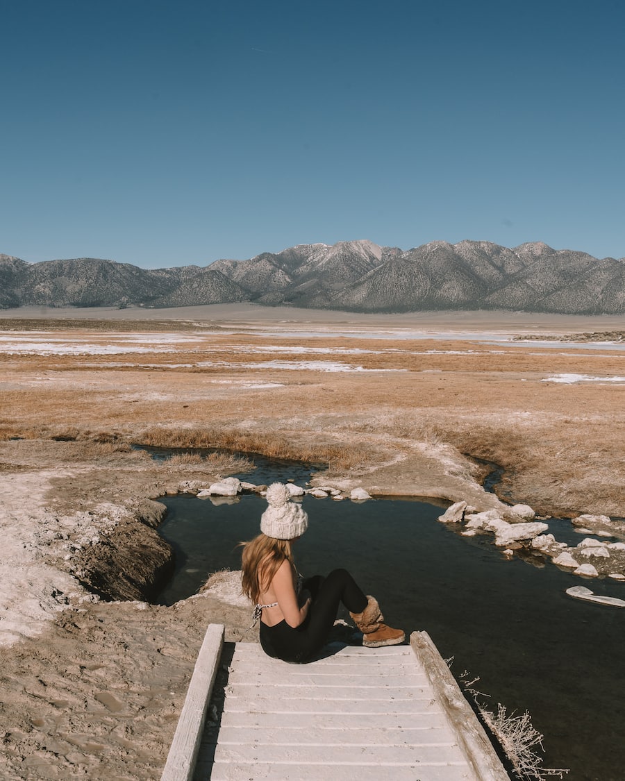 Michelle Halpern at a hot spring in Mammoth Lakes, California in winter
