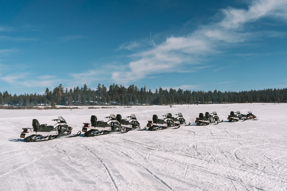 Snowmobiles lined up in Mammoth, California