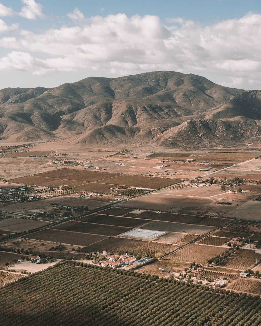 A view of Valle de Guadalupe wine country from above