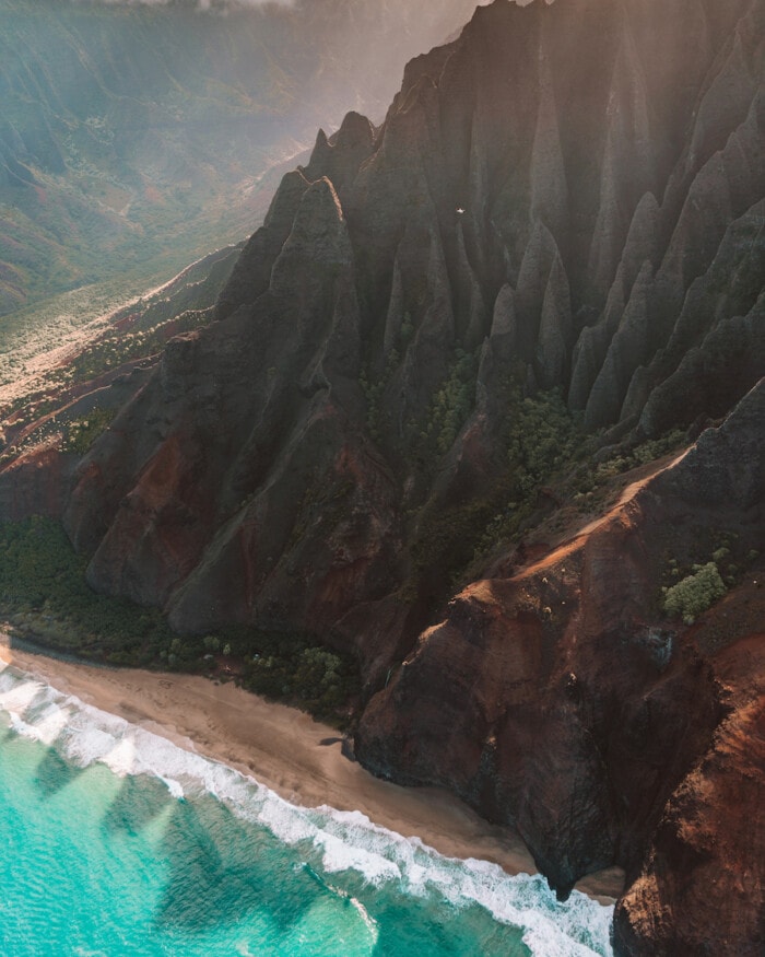 Views of the dramatic Na Pali Coast in Kauai from above