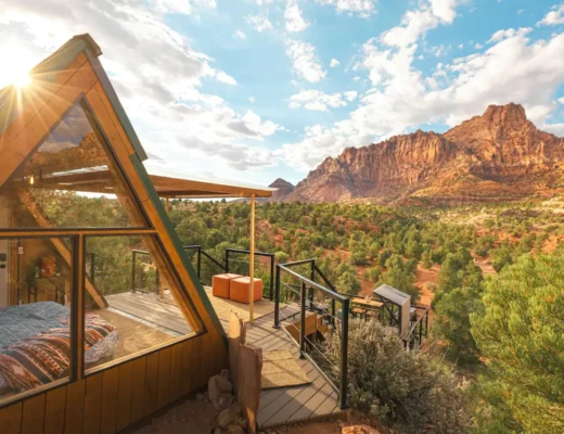 Zion A-frame cabin with epic views looking out on the national park